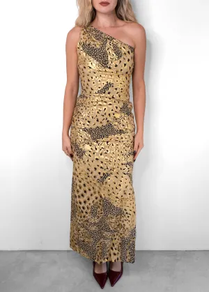 1992 Yves Saint Laurent Runway Gold Metallic Leopard Print Asymmetric Gown