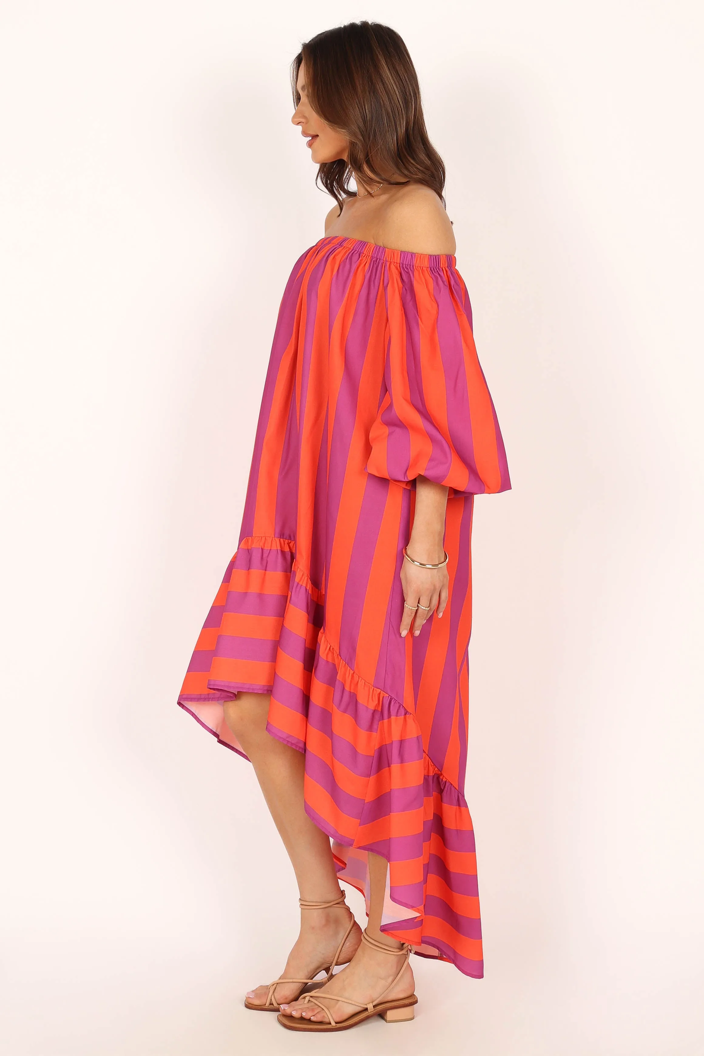 Alysa Off Shoulder Midi Dress - Coral Stripe