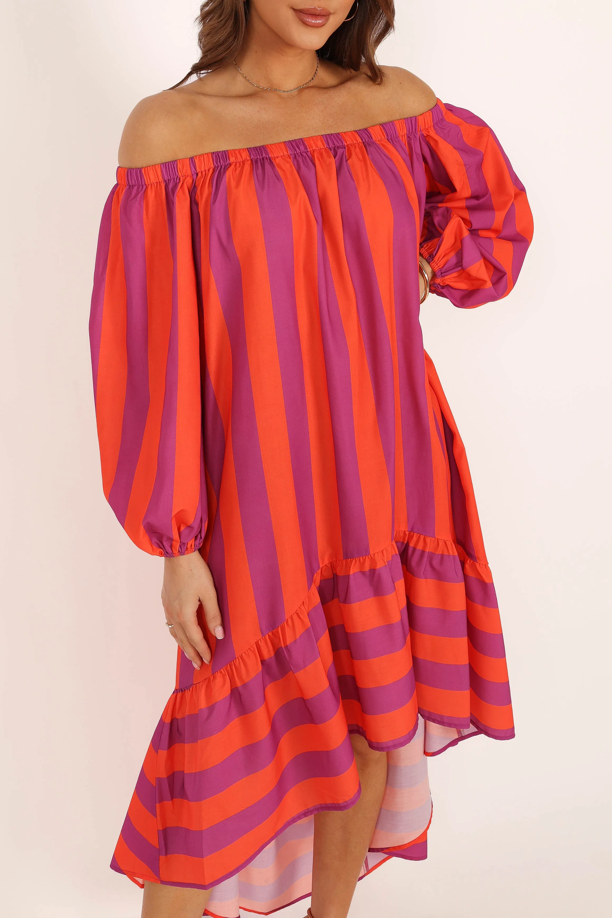 Alysa Off Shoulder Midi Dress - Coral Stripe