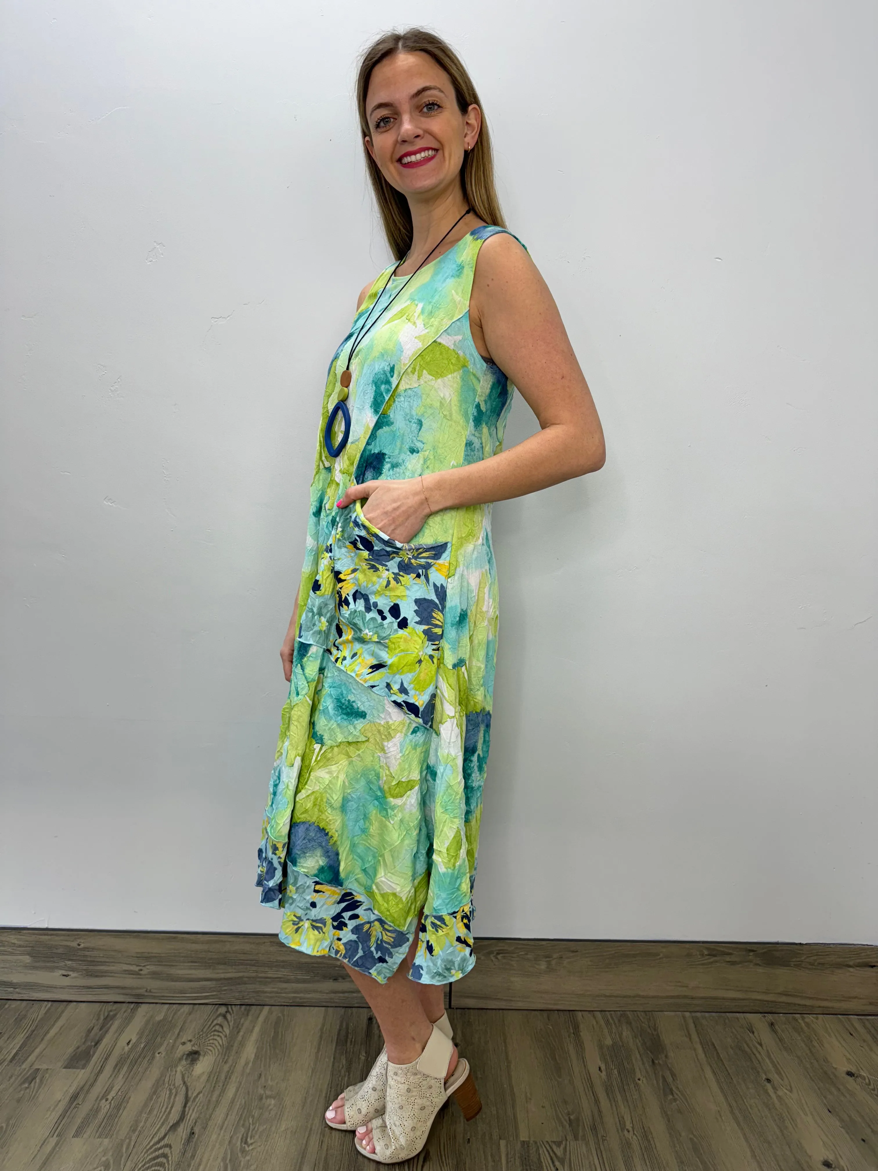 Aqua and Lime Watercolor Crinkle Sleeveless Dress