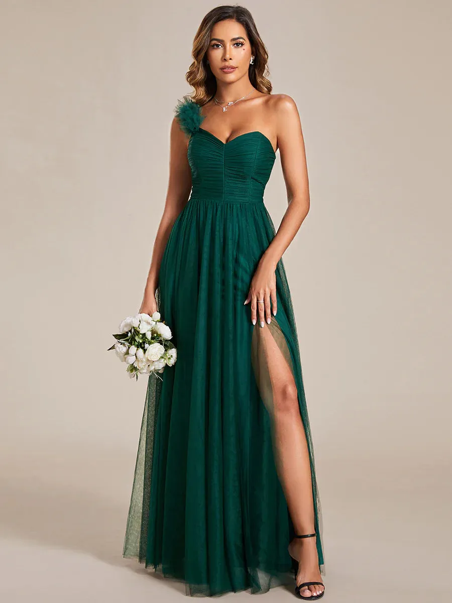 Backless One Shoulder Pleated Split Tulle Evening Dress