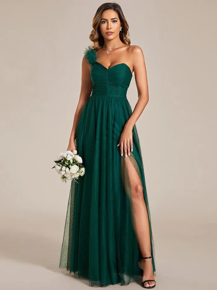 Backless One Shoulder Pleated Split Tulle Evening Dress