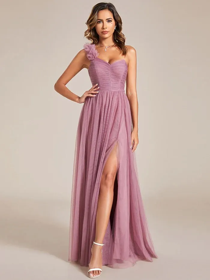 Backless One Shoulder Pleated Split Tulle Evening Dress