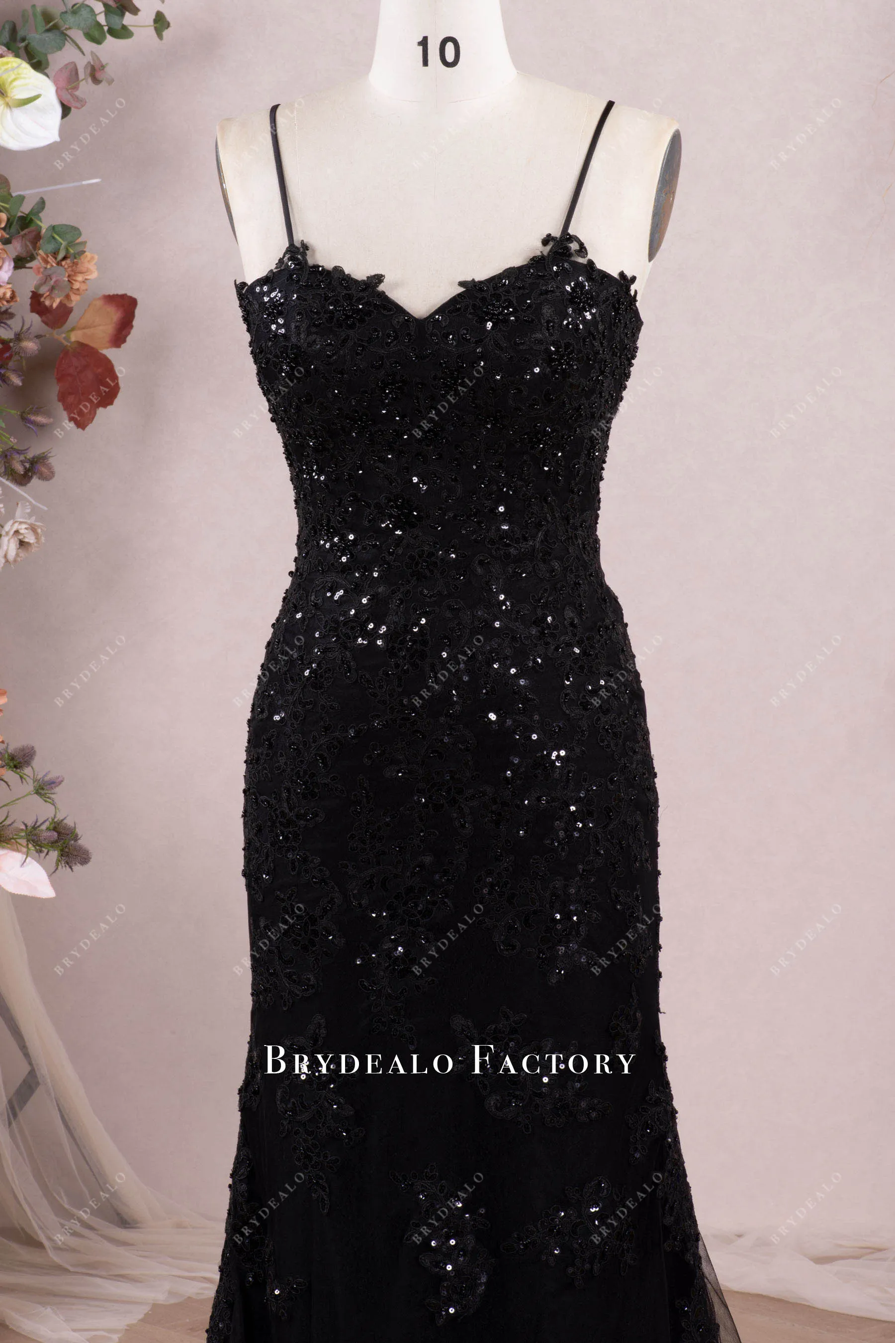 Black Lace Spaghetti Straps Mermaid Wedding Dress