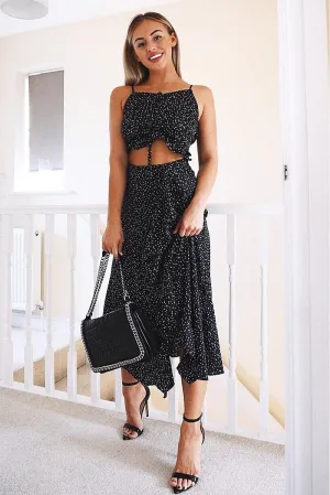 Black Polka Dot Cami Frill Crop Top And Frill Midi Skirt - Jannie