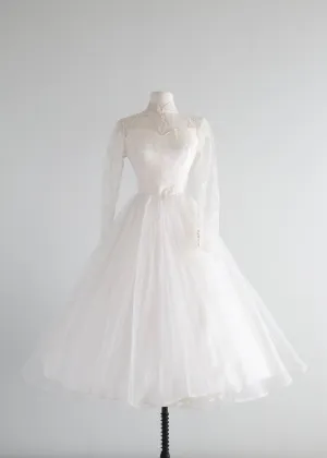 Classic 1950's Tea Length Lace Wedding Dress / Small