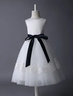 Cute Ivory Tulle Flower Girl Dress With Lace Appliques with Navy Blue Sash