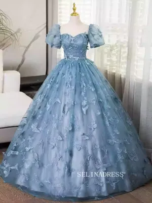 Elegant Blue Butterfly Long Prom Dress With Short Sleeve Cheap Evening Gowns TKL3026