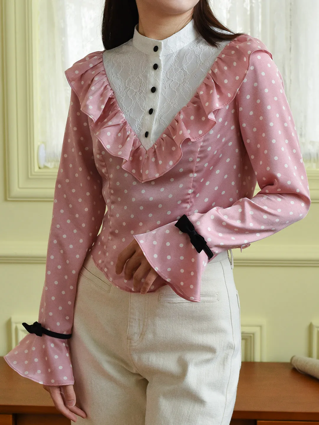 【Final Sale】Milana Mock Neck Contrast Lace Bow Trumpet Sleeves Polka Dot Blouse