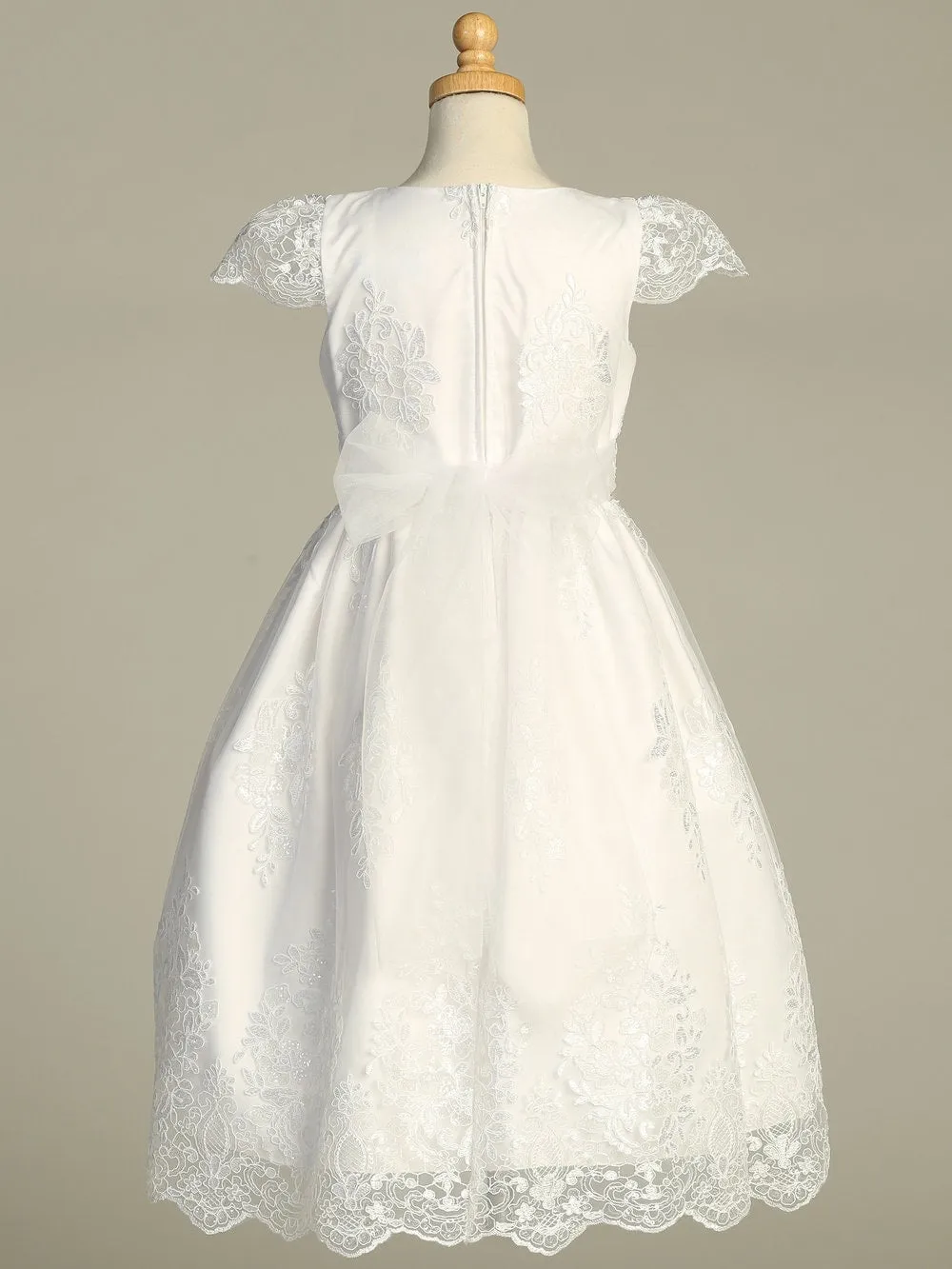 Girls White First Communion Dress w/ Corded Tulle & Sequins (207)