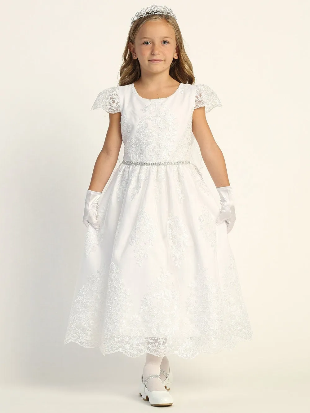 Girls White First Communion Dress w/ Corded Tulle & Sequins (207)