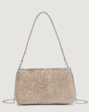 Gold Rhinestone Square Bag with Glitter Bling Chain