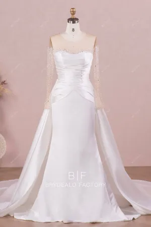 Long Sleeve Illusion Neck Designer Pearls Overskirt Wedding Gown