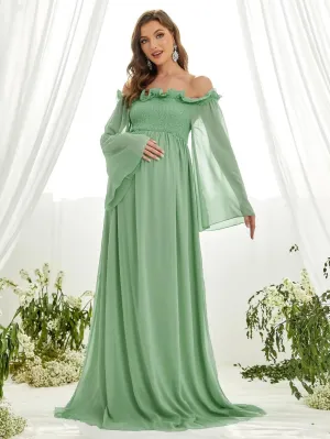 Maternity Off Shoulder Ruffle Trim Shirred Chiffon Dress