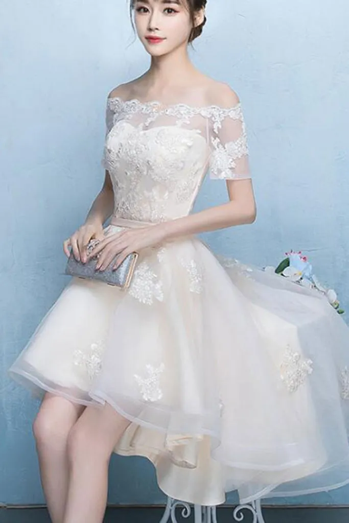 OFF SHOULDER EMBROIDERED TULLE HIGH LOW DRESS