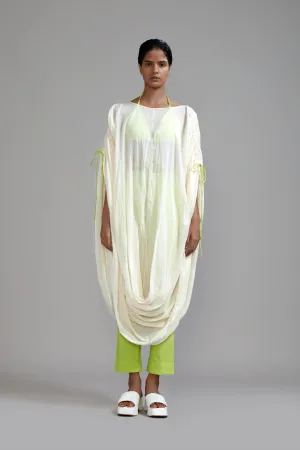 Off-White with Neon Green Gathered Cowl Tunic