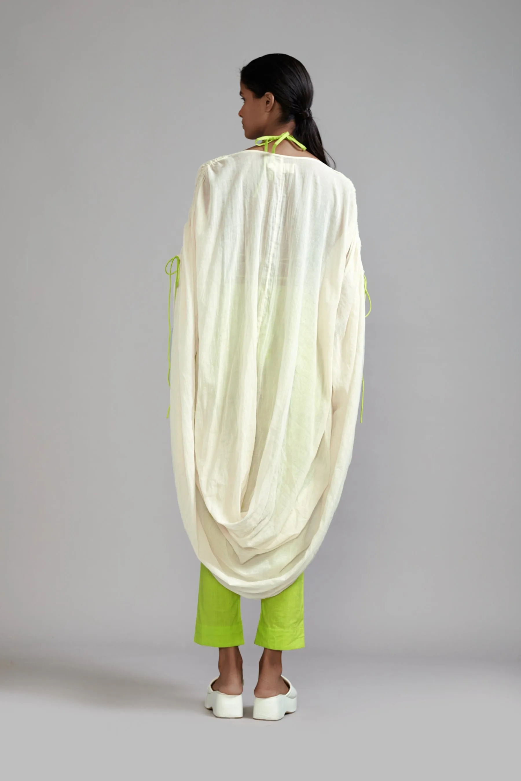 Off-White with Neon Green Gathered Cowl Tunic