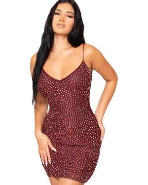 Ojitos Lindos Burgundy Rhinestone Mini Dress