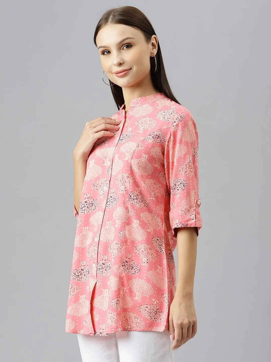 Peach Floral Rayon A-Line Shirts Style Top