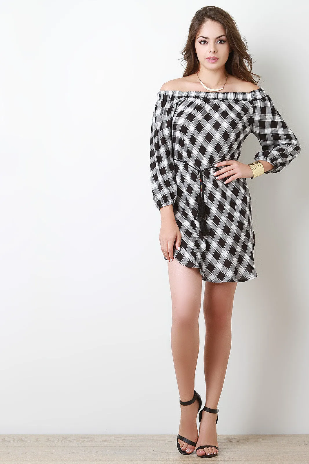 Plaid Off-The-Shoulder Long Sleeve Belted Dress