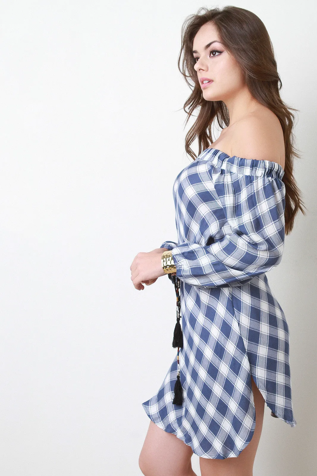 Plaid Off-The-Shoulder Long Sleeve Belted Dress