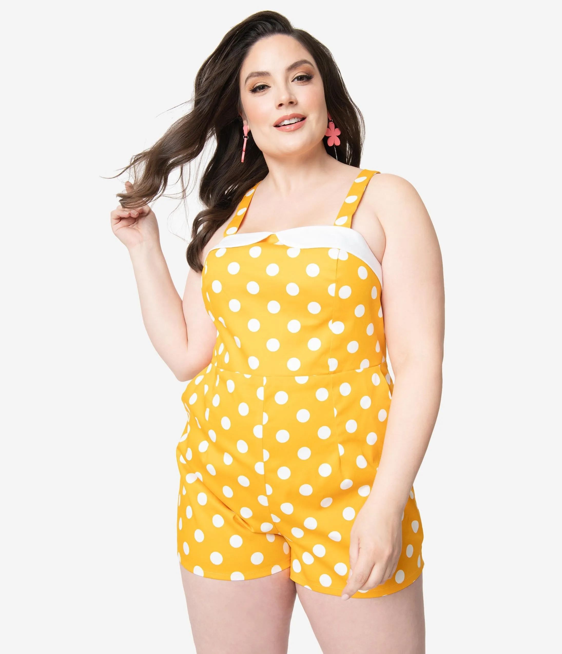 Plus Size Retro Style Mustard & White Polka Dot Romper