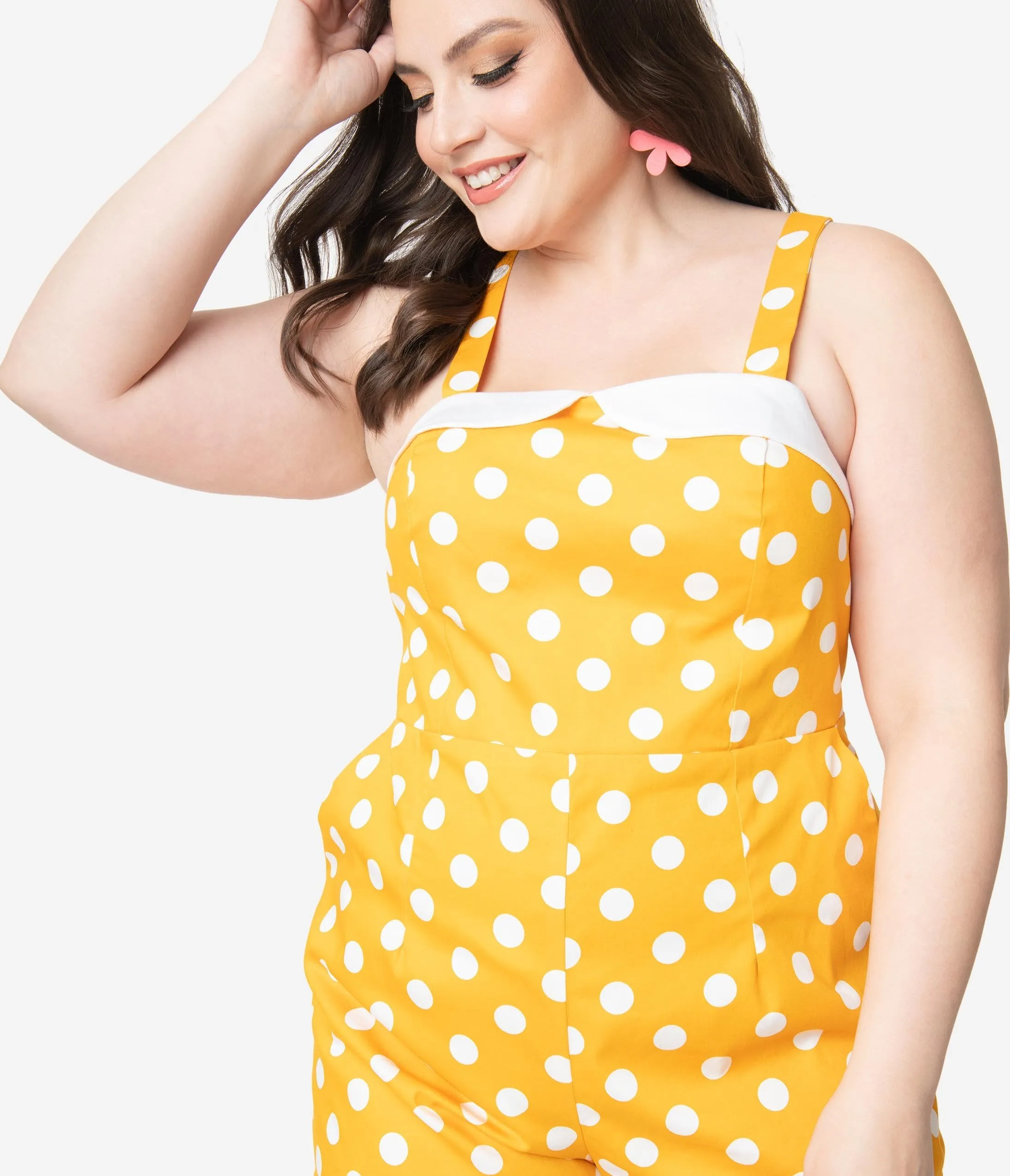 Plus Size Retro Style Mustard & White Polka Dot Romper