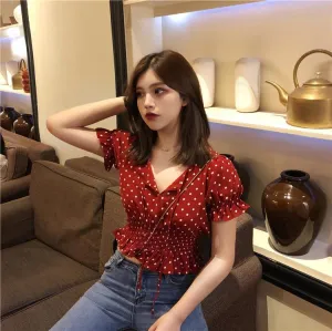 Retro Red Polka Dot Puff Sleeves Blouse