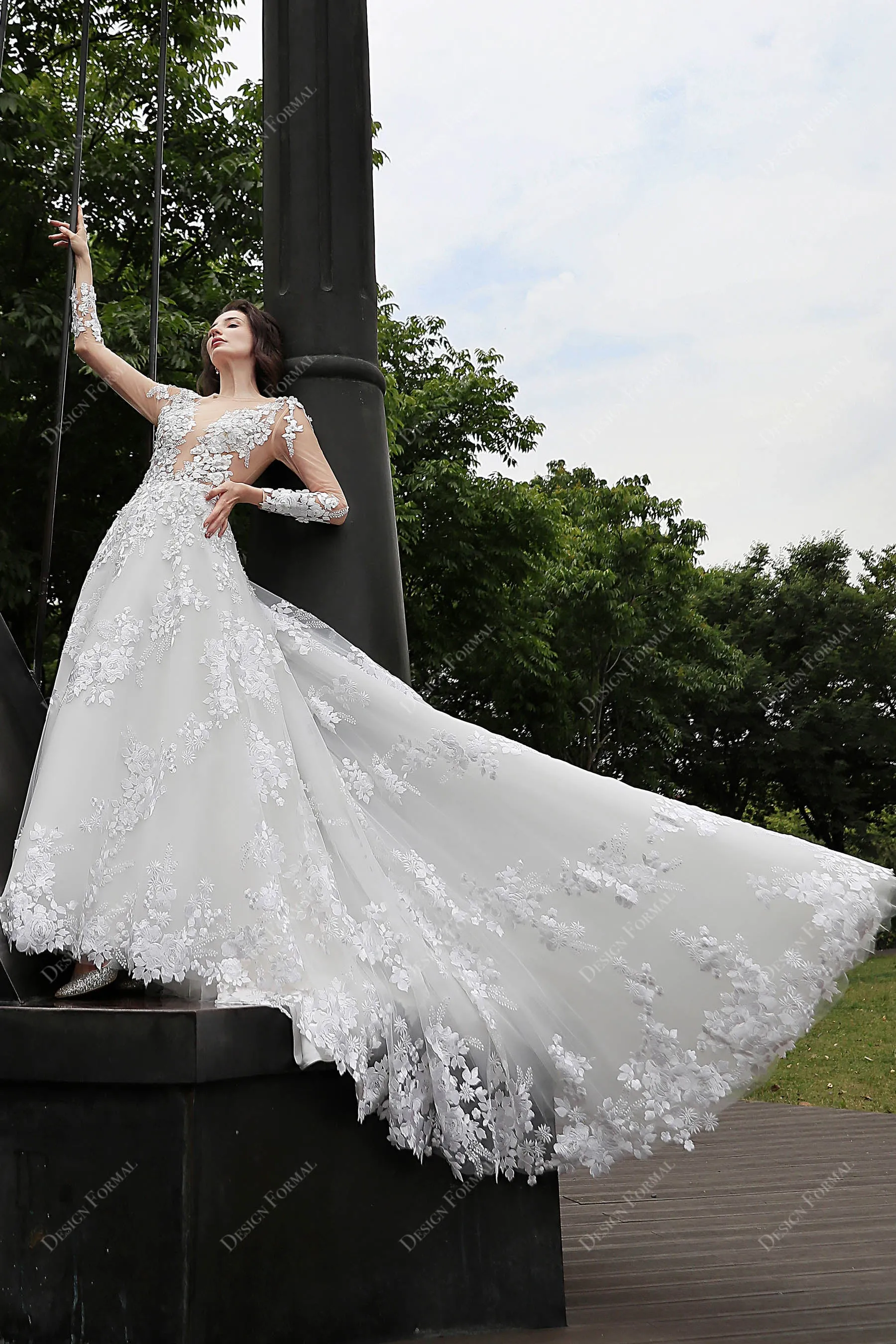 Romantic Flower Lace Illusion Long Sleeve Spring Wedding Dress