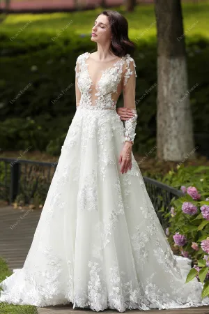 Romantic Flower Lace Illusion Long Sleeve Spring Wedding Dress