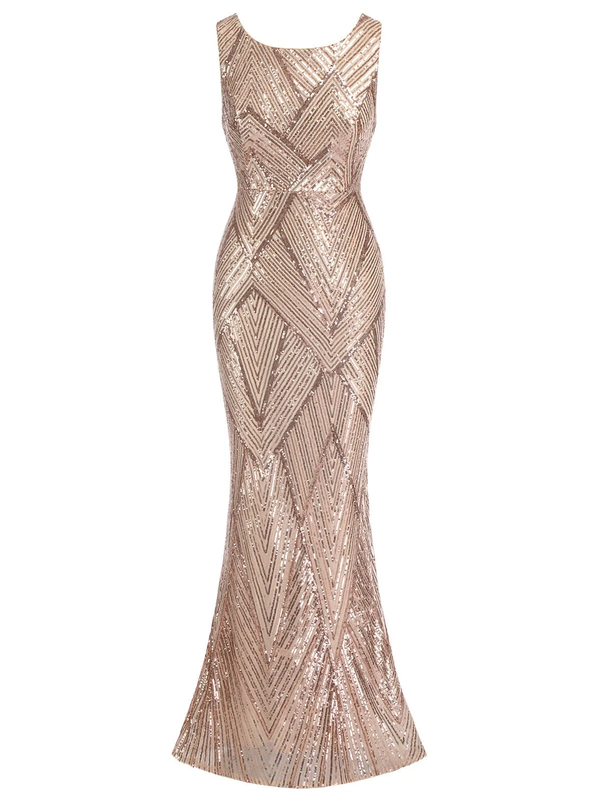 Rose Gold 1920s Geometric Sequined Fishtail Dress