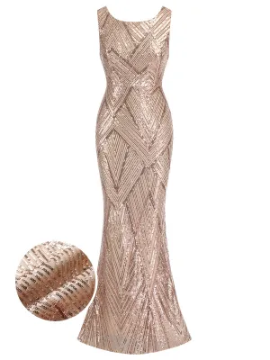 Rose Gold 1920s Geometric Sequined Fishtail Dress