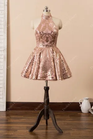 Rose Gold  Sequin Halter Cocktail Homecoming Dress