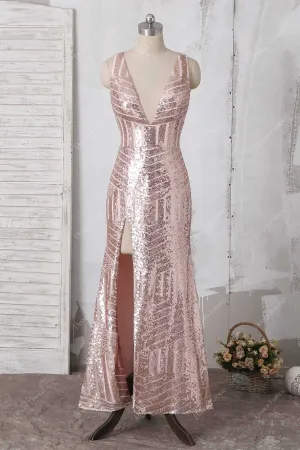 Rose Gold Sequin Plunging Sexy Slit Tea Length Sheath Dress