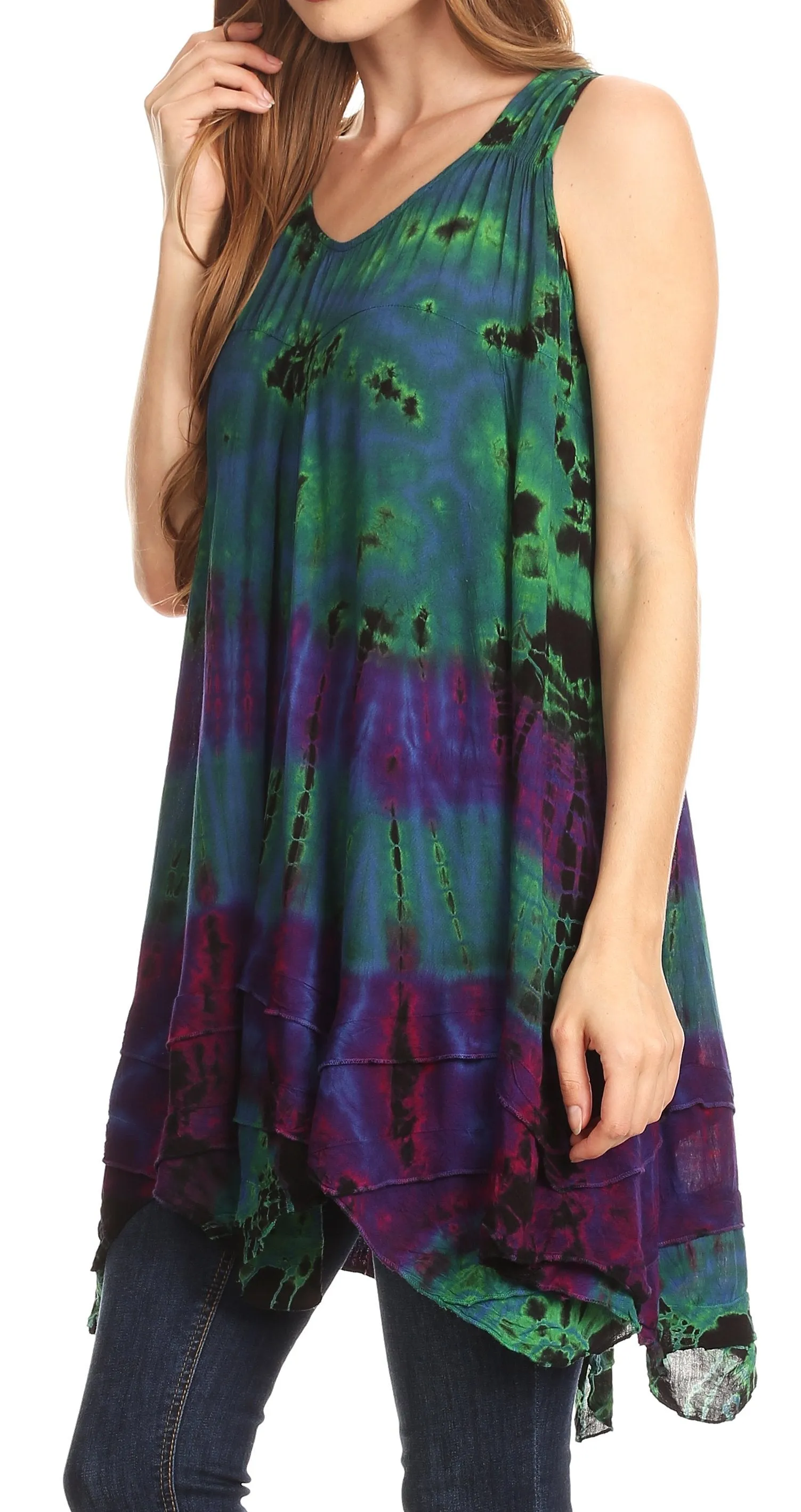 Sakkas Priya Sleeveless Tie Dye Handkerchief Hem Tunic with Smocked Racerback