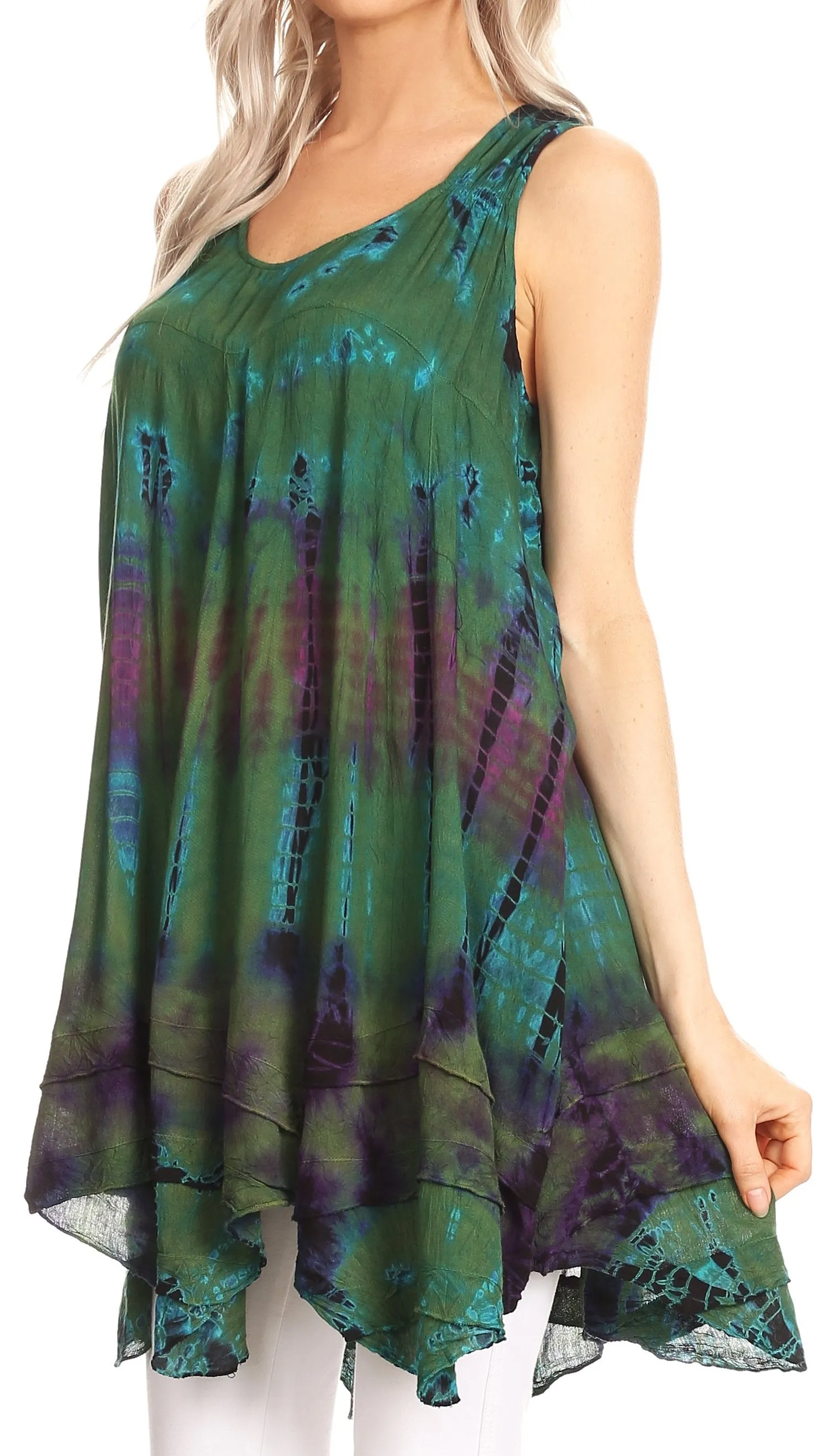 Sakkas Priya Sleeveless Tie Dye Handkerchief Hem Tunic with Smocked Racerback