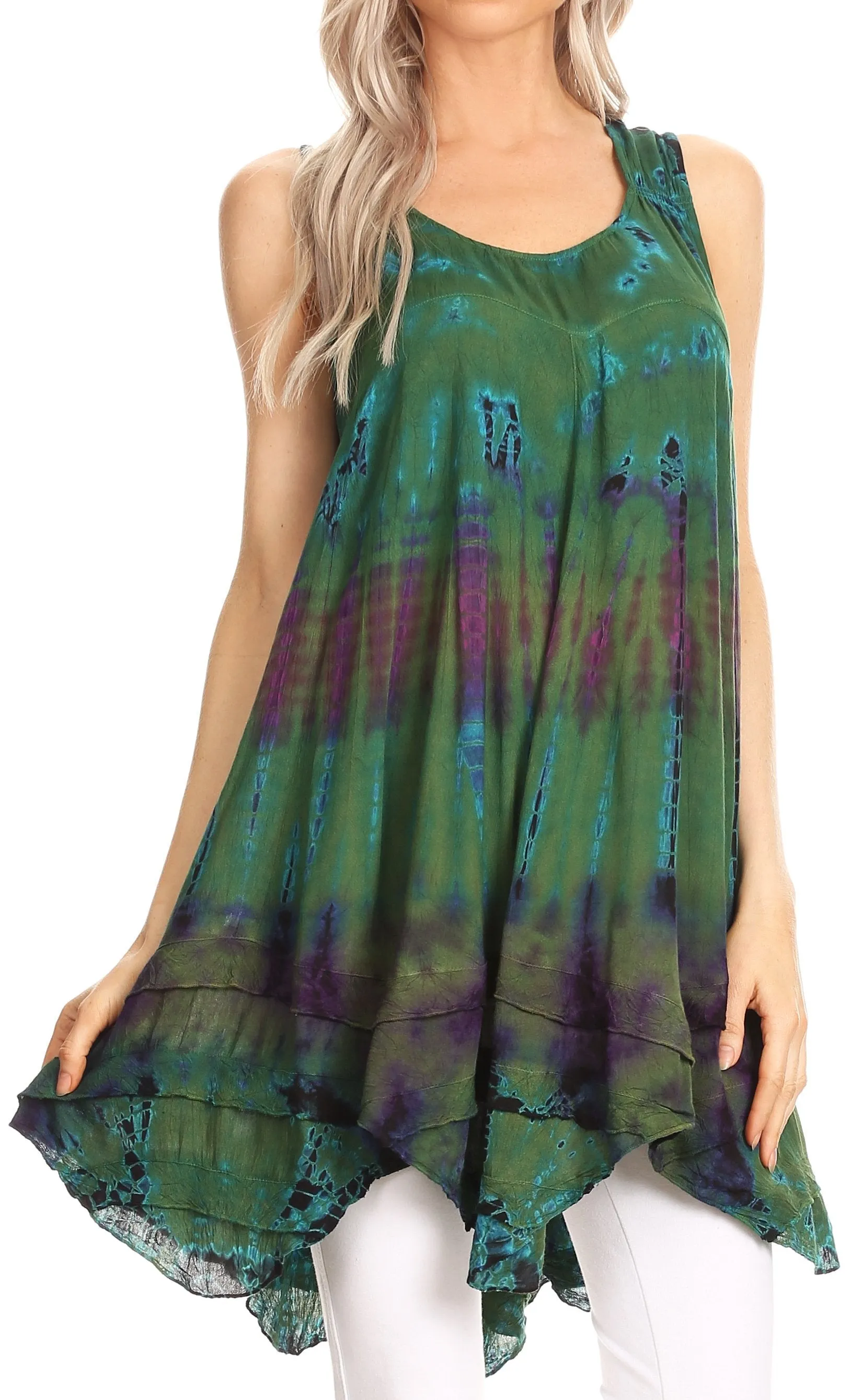 Sakkas Priya Sleeveless Tie Dye Handkerchief Hem Tunic with Smocked Racerback