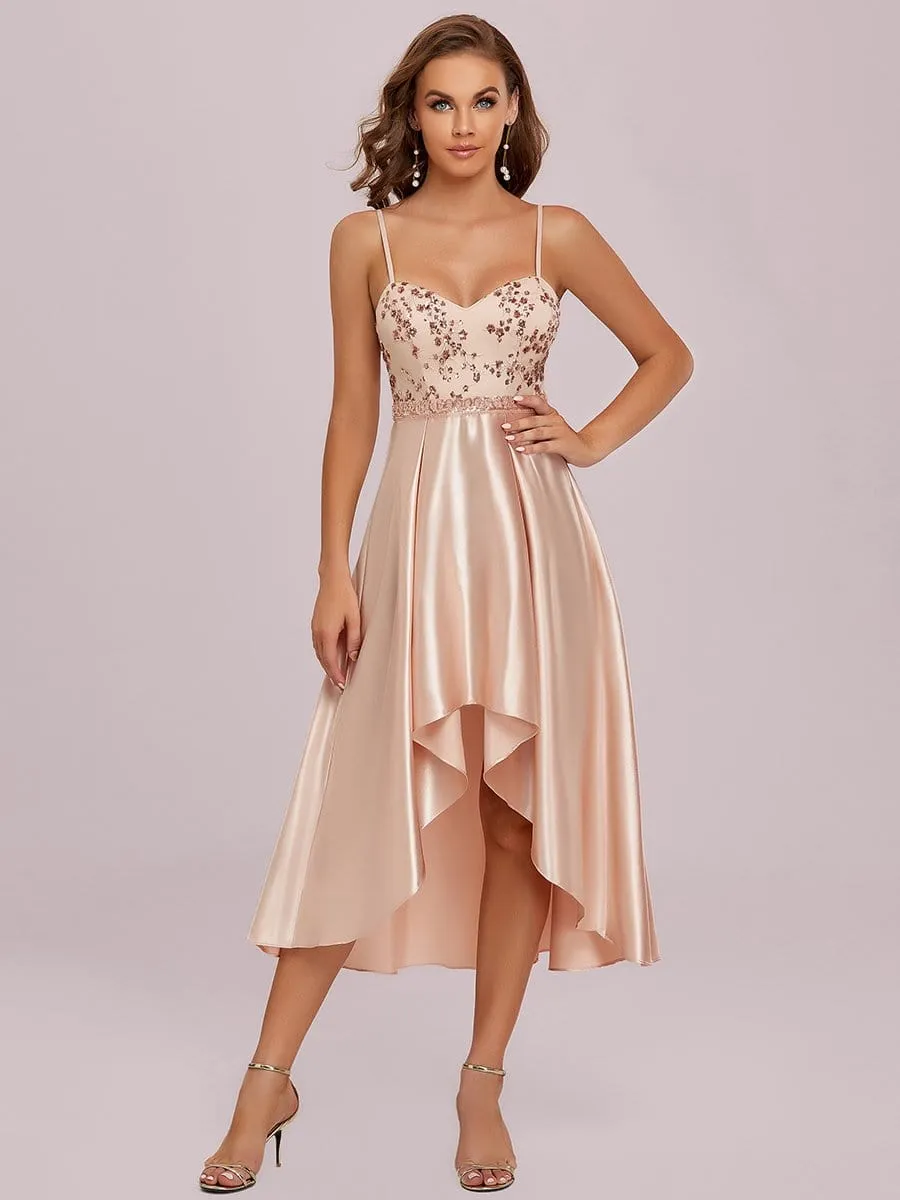 Spaghetti Strap Sequin Cherry Blossom High Low Evening Dress