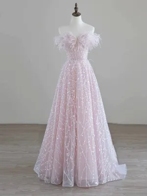 Sparkling Tulle Sequin Long Prom Dress Off the Shoulder Pink Evening Party Dress