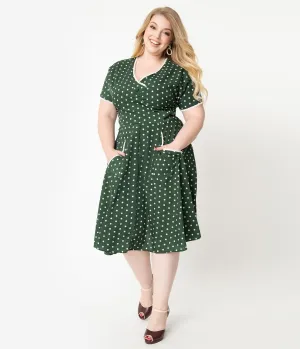 Unique Vintage Plus Size 1950s Dark Green & White Polka Dot Goldie Swing Dress