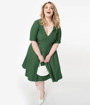 Unique Vintage Plus Size 1950s Green & White Pin Dot Delores Swing Dress with Sleeves