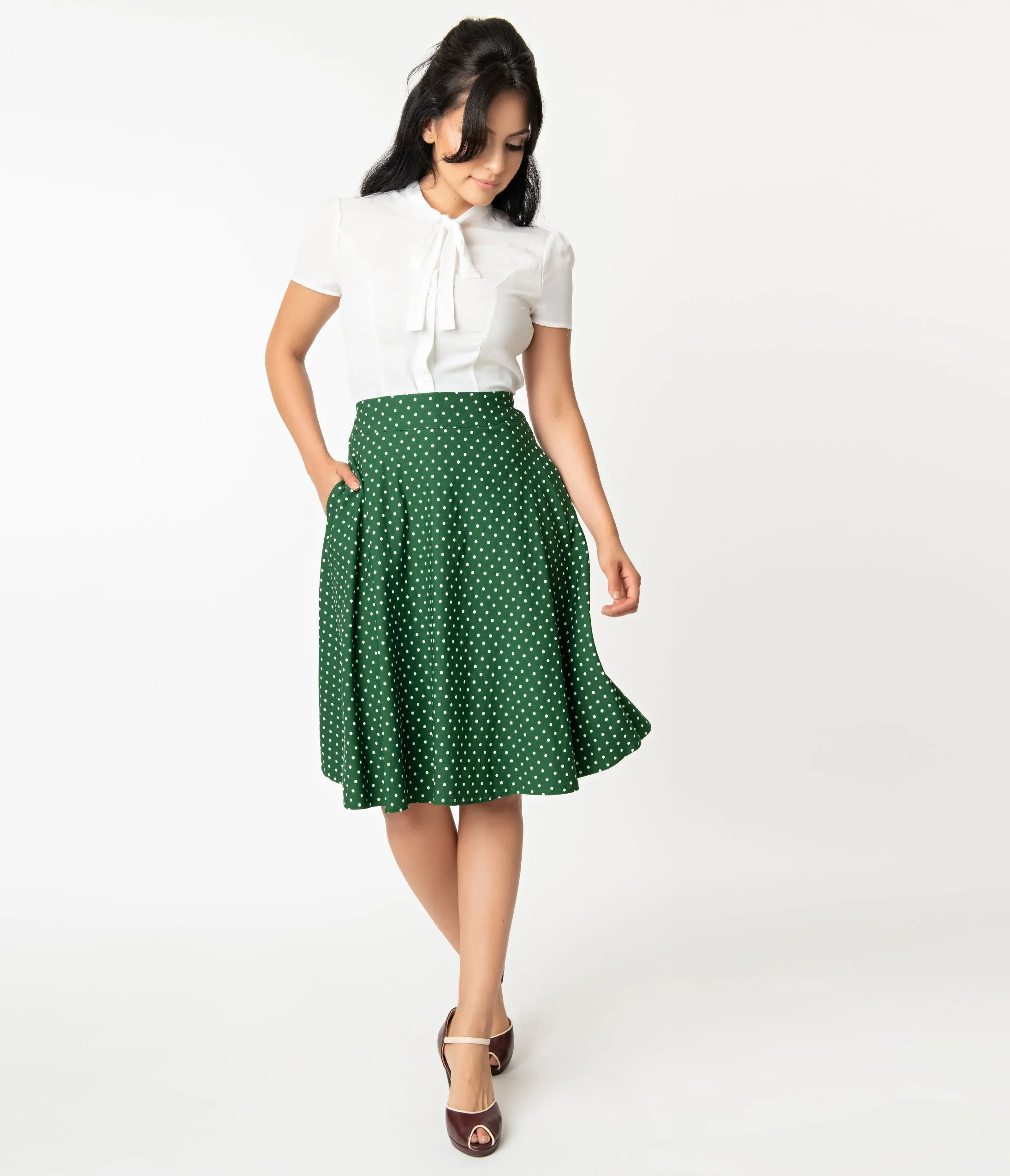 Unique Vintage Retro Green & White Polka Dot Vivien Swing Skirt