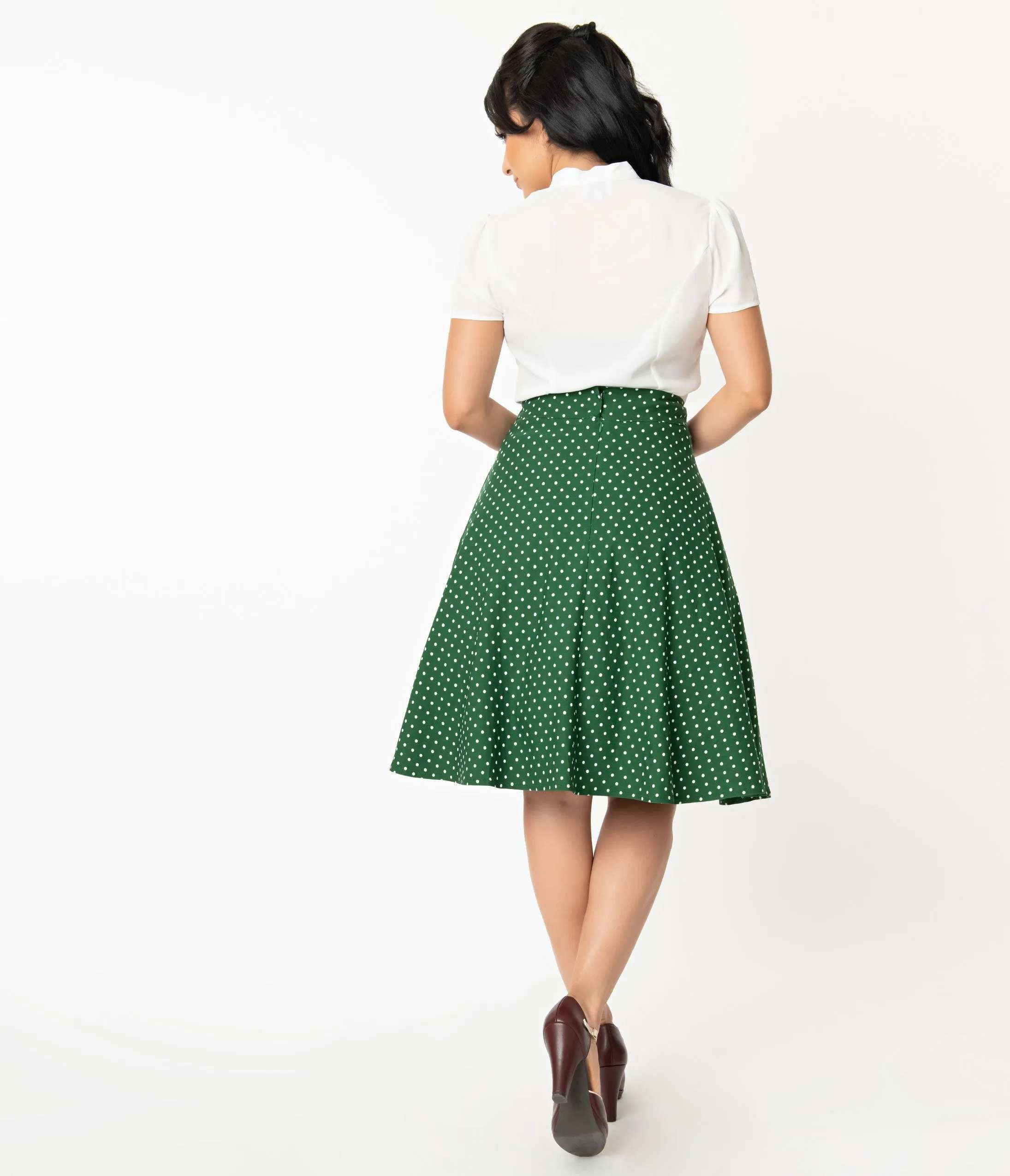 Unique Vintage Retro Green & White Polka Dot Vivien Swing Skirt