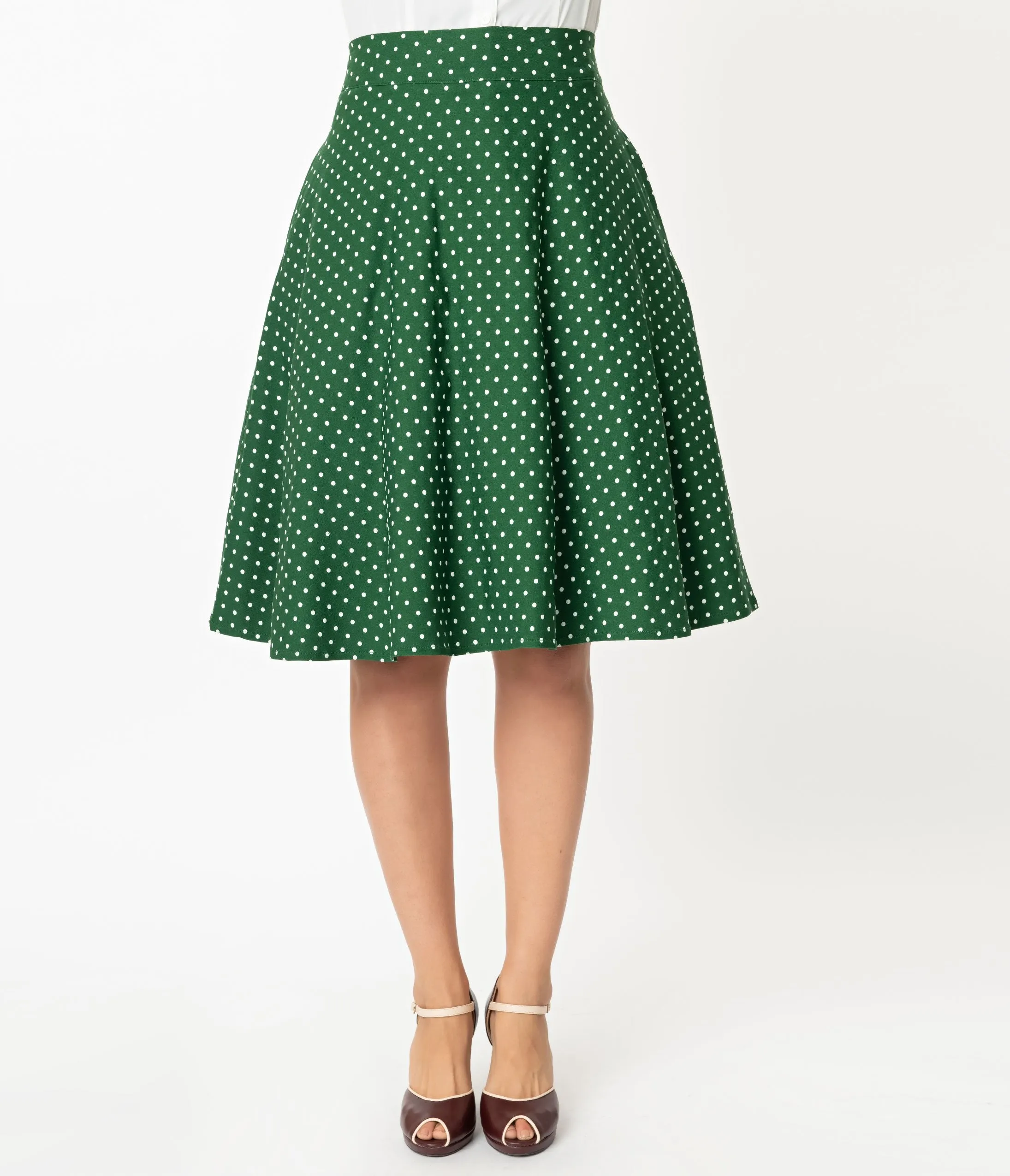 Unique Vintage Retro Green & White Polka Dot Vivien Swing Skirt