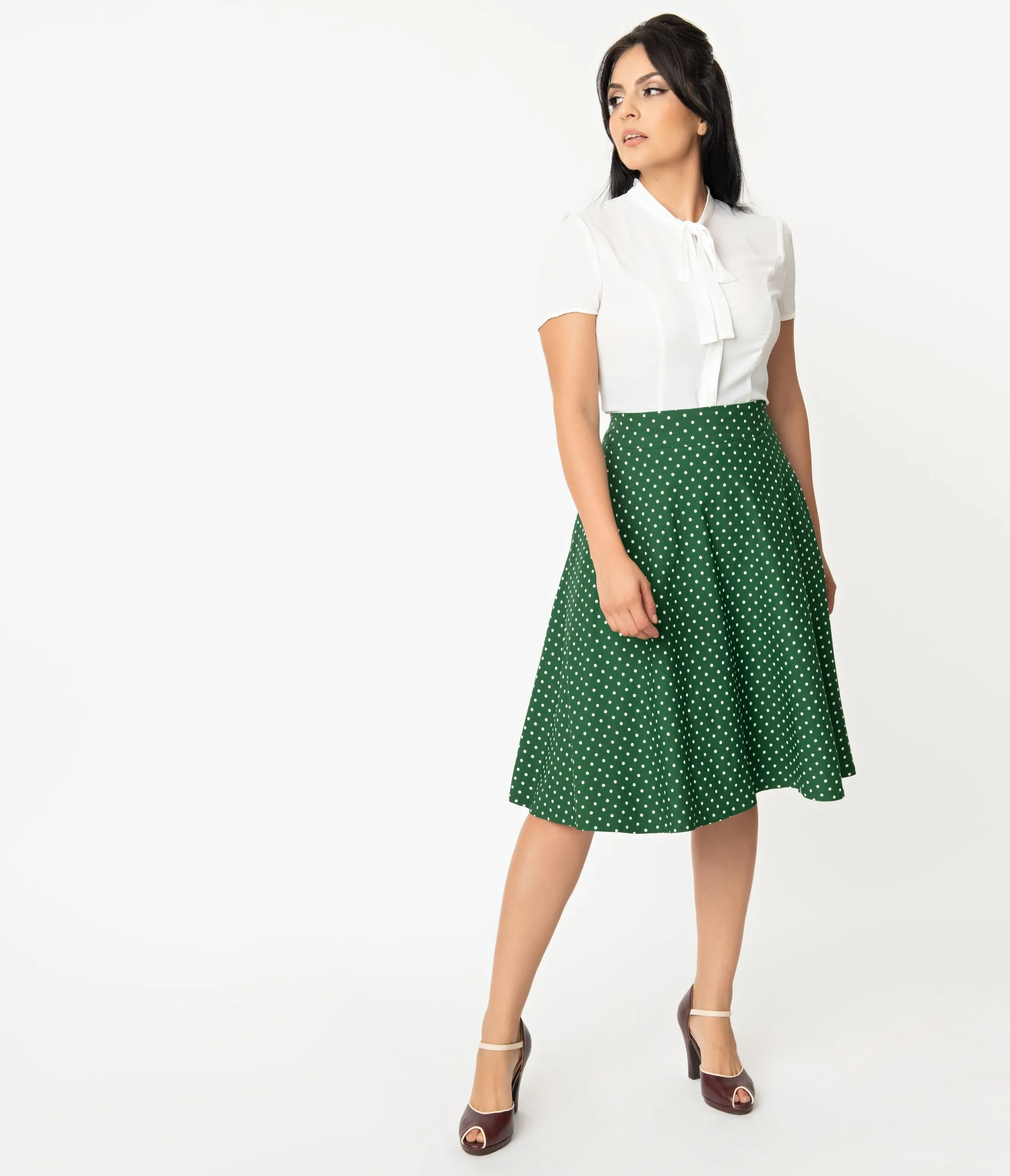 Unique Vintage Retro Green & White Polka Dot Vivien Swing Skirt