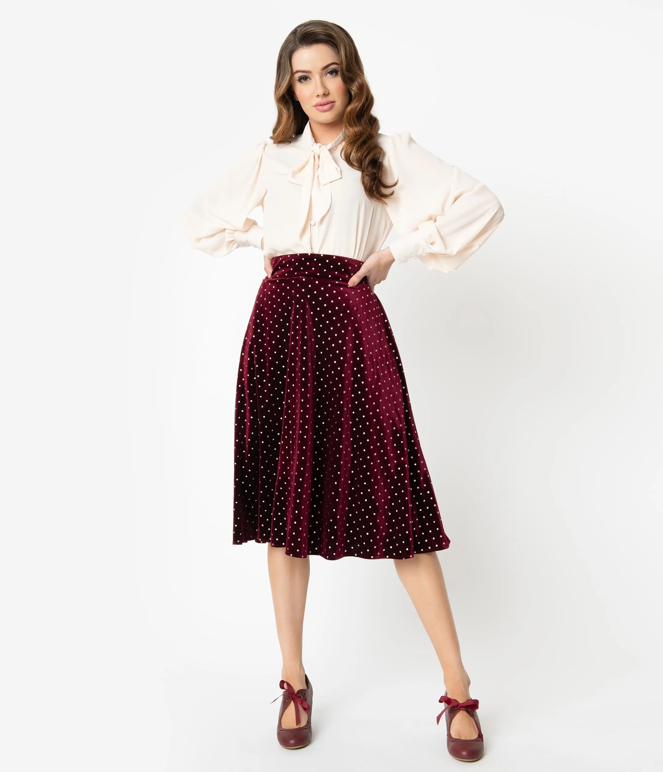 Unique Vintage Retro Merlot Red & Silver Polka Dot Velvet Vivien Swing Skirt