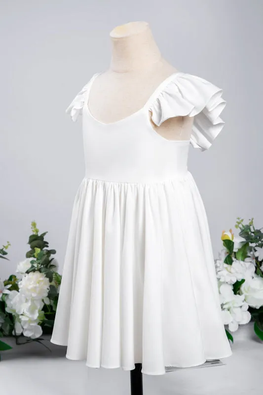 White Ruffle Sleeves Flower Girl Dress Pleated A-line Little Girl Dress for Wedding Party