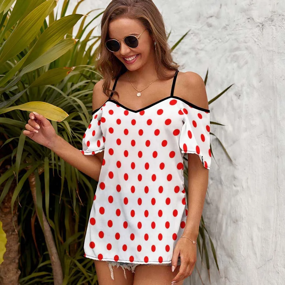 White With Red Polka Dots Women's Off-Shoulder Cold Shoulder Camisole Top