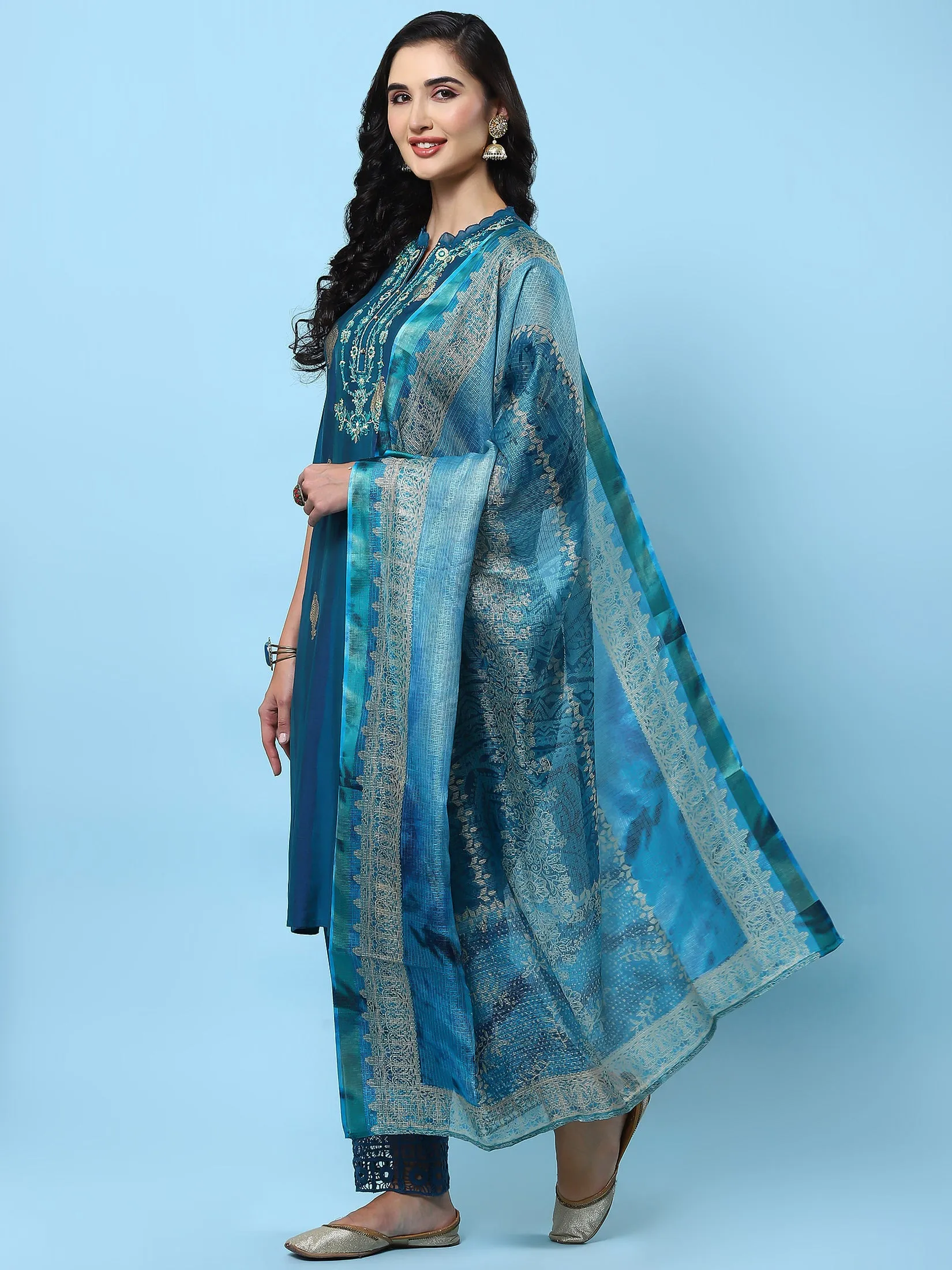 Women Blue Embroidered Kurta Comfort Pant Dupatta