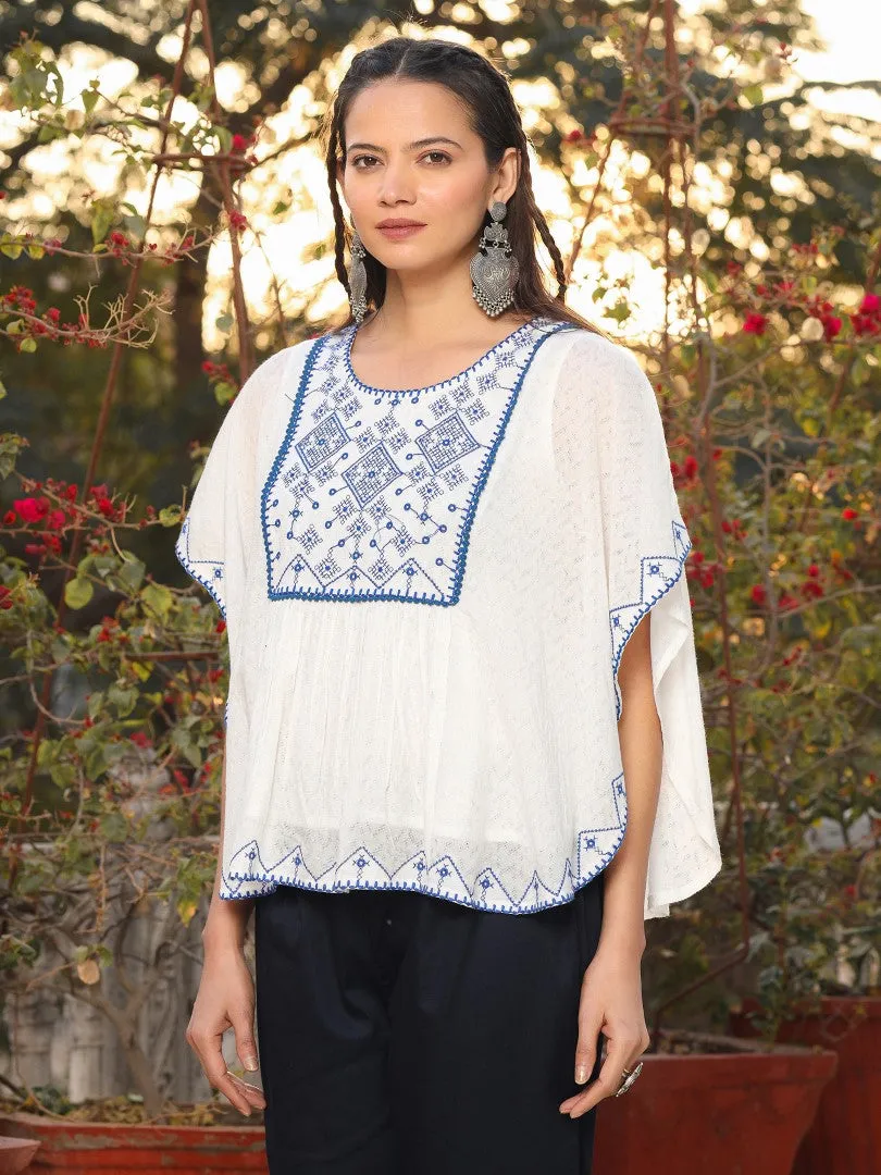 Women White Viscose Dobby Embroidered Tunic